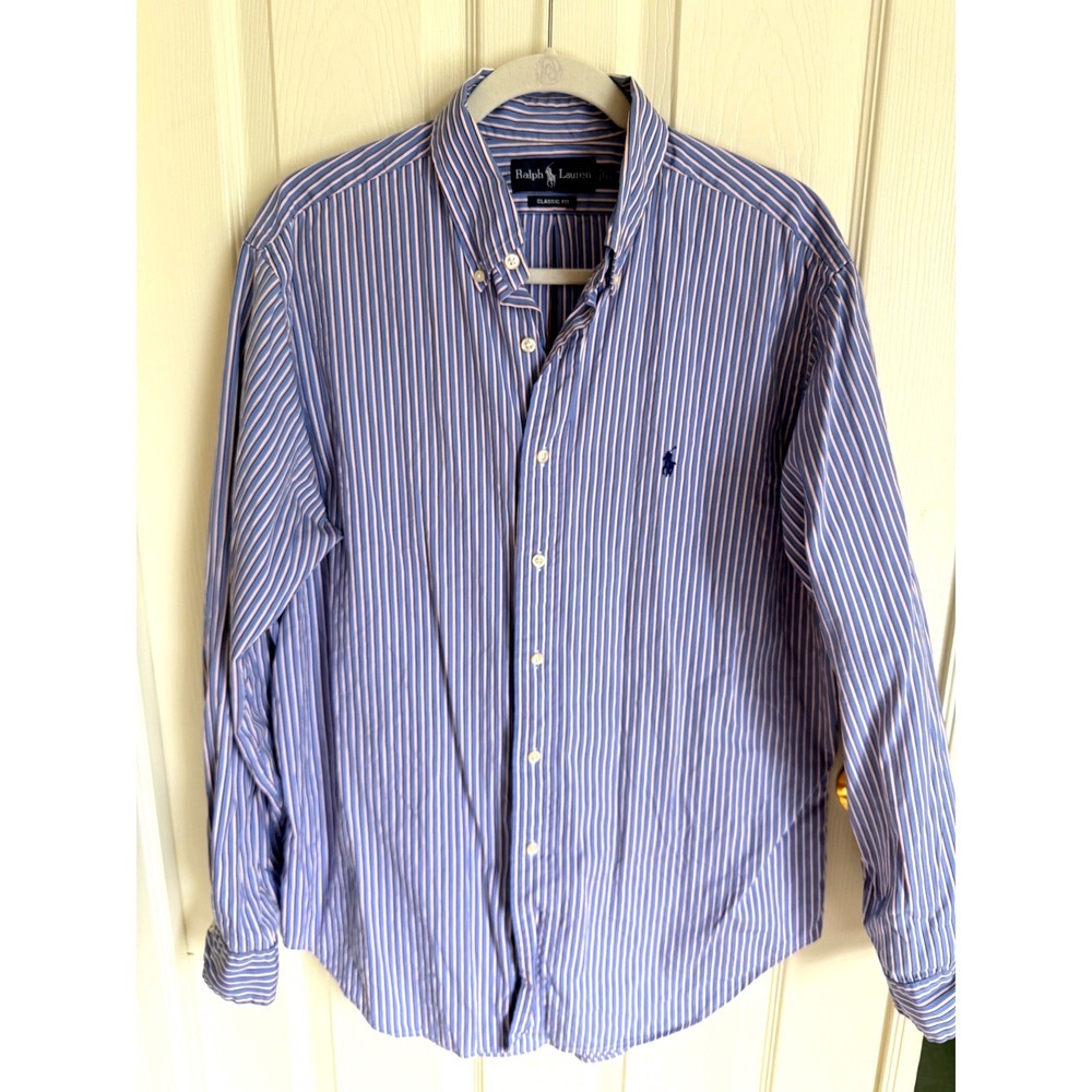 Ralph Lauren Classic Fit Striped Button Down Shirt Blue Pink White Mens 16.5